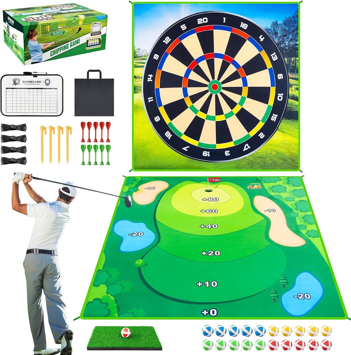 Golf Oefenmat 178 × 178 cm, Golf Chipping Game Set voor Backyard en Tuin, Golf Trainingsmat voor Swing- en Slagtraining, Leuk Golfspel voor Feestjes, Kinderen en Familie