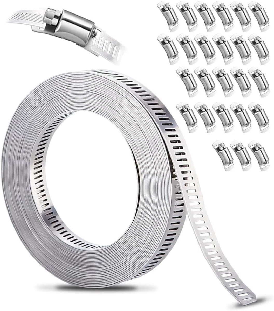 304 RVS Slangklemmen Set van 10m Metalen Tape + 25 Stuks Bevestigingen, Verstelbare Slangklem voor Waterleiding, Tank, Gasbuis en Auto-accessoires