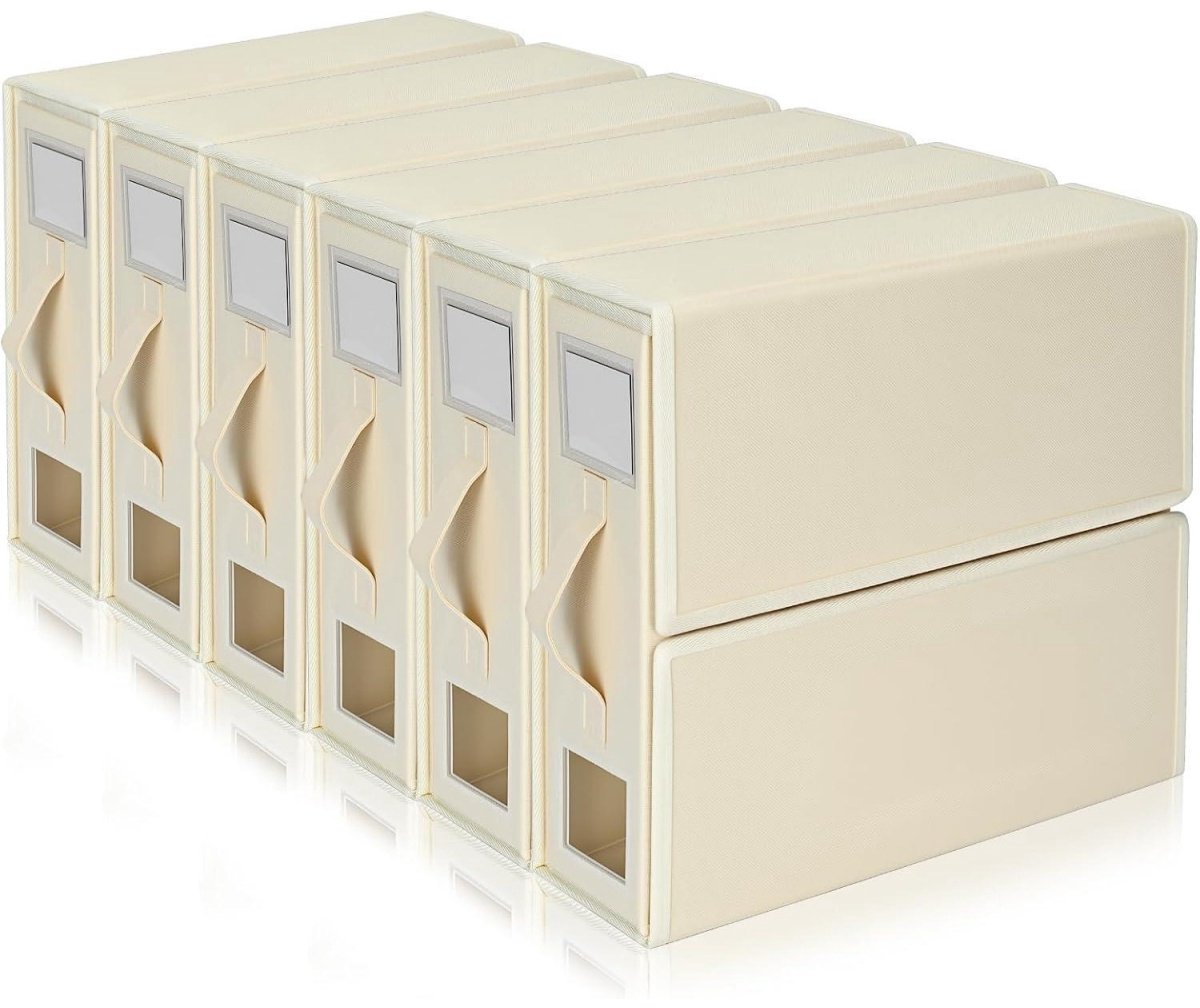 SSTRWGOOD Opbergdoos voor beddengoed – 6-delige set – Opvouwbare opbergbak – Opbergdoos met lade-ontwerp en label – Opbergbak voor dekbedovertrekken en kussenslopen – Beige – 39 x 33 x 12 cm