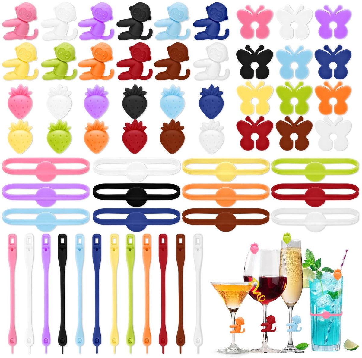 Elzusha - 60 Stuks Wijnglasmarkers - Herbruikbaar Silica - Multicolor