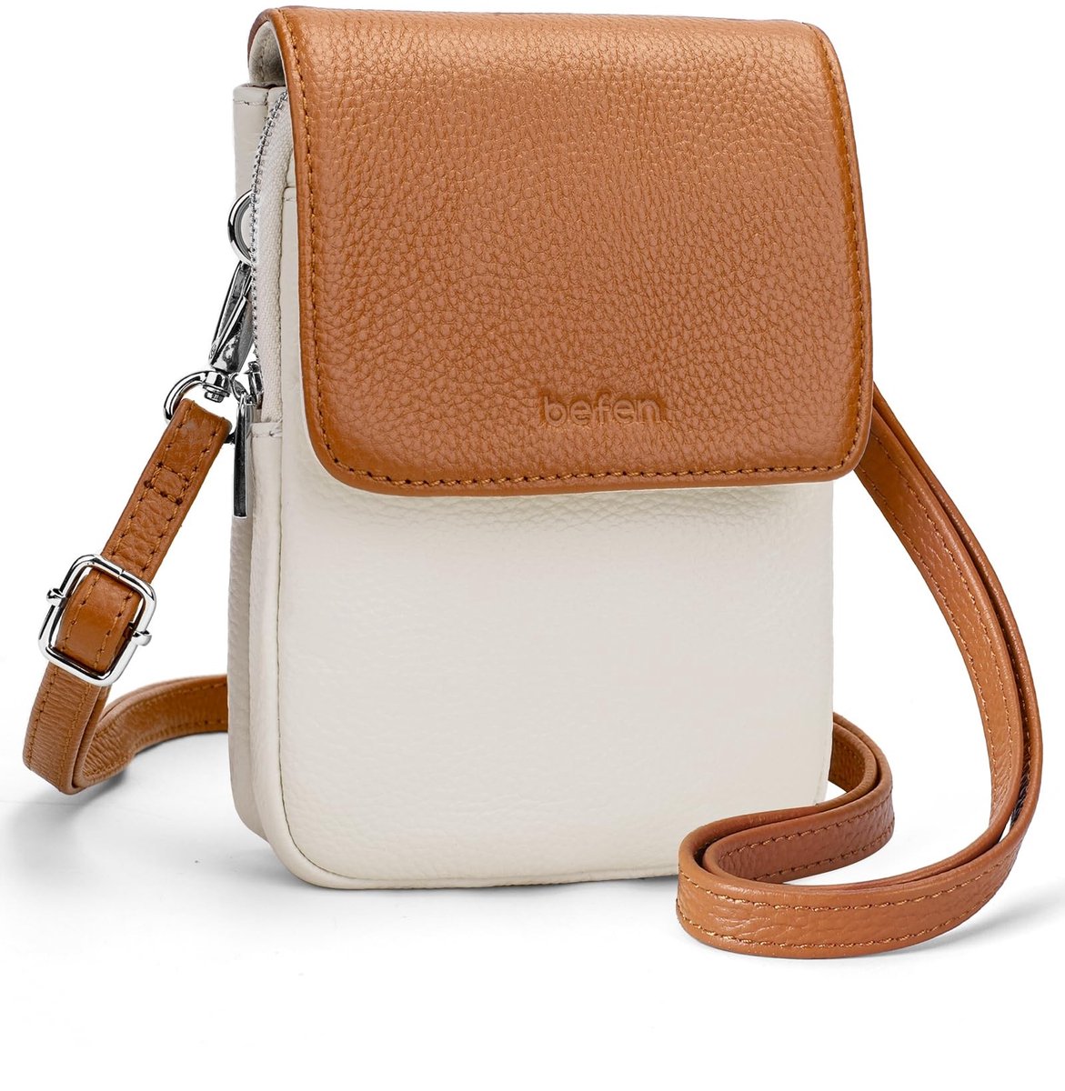 Elzusha - Dames Mobiele Telefoon Crossbody Tas - Echt Leer - Bescherming - A-beige met bruin