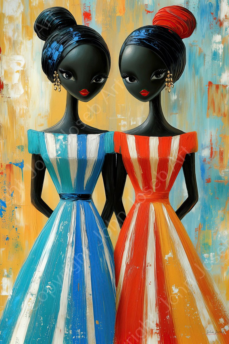 John Joseb Art (Glas) 120x80 | Grappige donkere vrouwen met kleurrijke jurk, figuratief abstract, vrouw, mens, positiviteit, kunst, blauw, rood, geel, zwart, modern | Foto-schilderij-glasschilderij-acrylglas-acrylaat-wanddecoratie