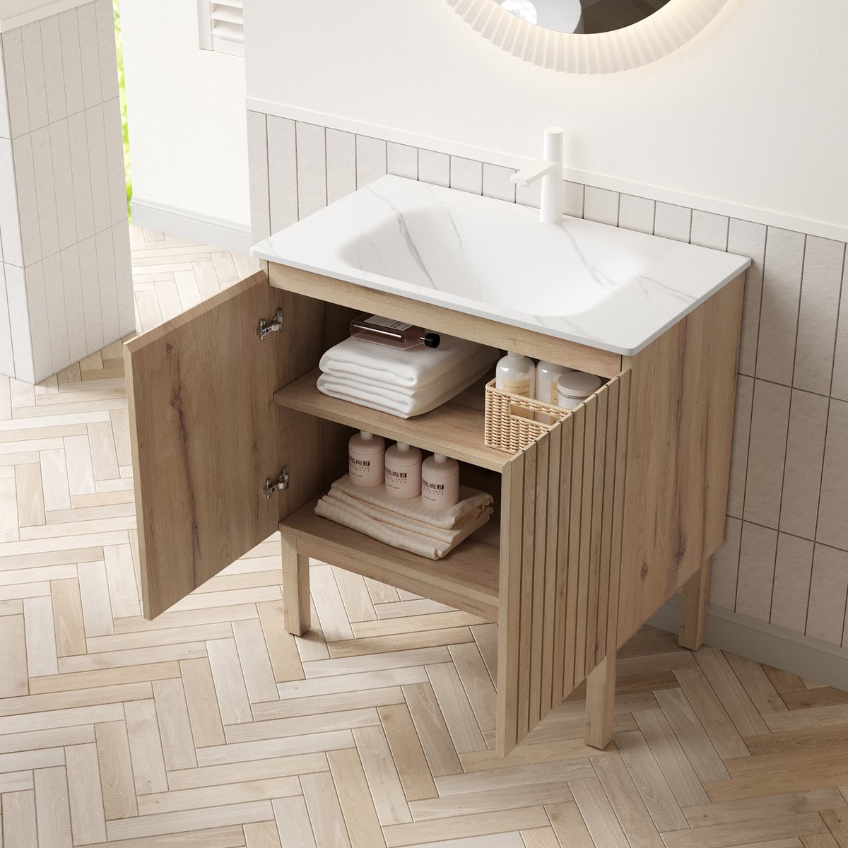 DESMIU Badkamermeubel - Staand Met Geintegreerde Wastafel - Dubbele Deuren Voor Badkamer - Spaanplaat - 80,5x46,5x86,5 Cm - Wit Eiken