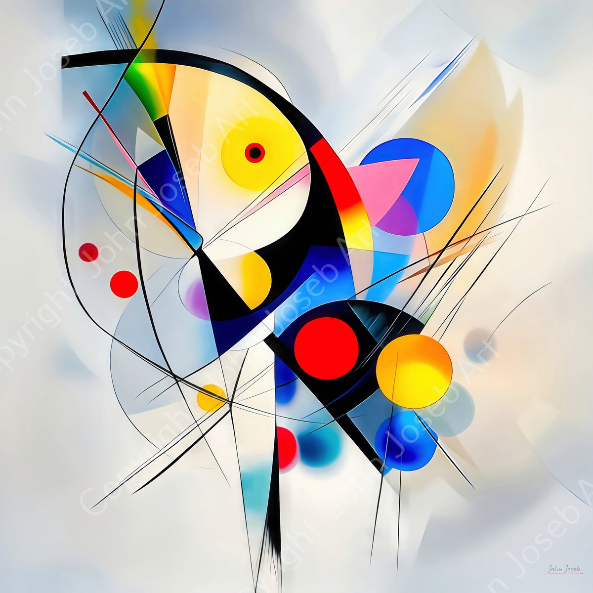 John Joseb Art (Glas) 100x100 | Abstract geometrisch in Kandinsky stijl, vierkant, kleurrijk, felle kleuren, kunst | rood, geel, blauw, grijs, modern | Foto-schilderij-glasschilderij-acrylglas-acrylaat-wanddecoratie