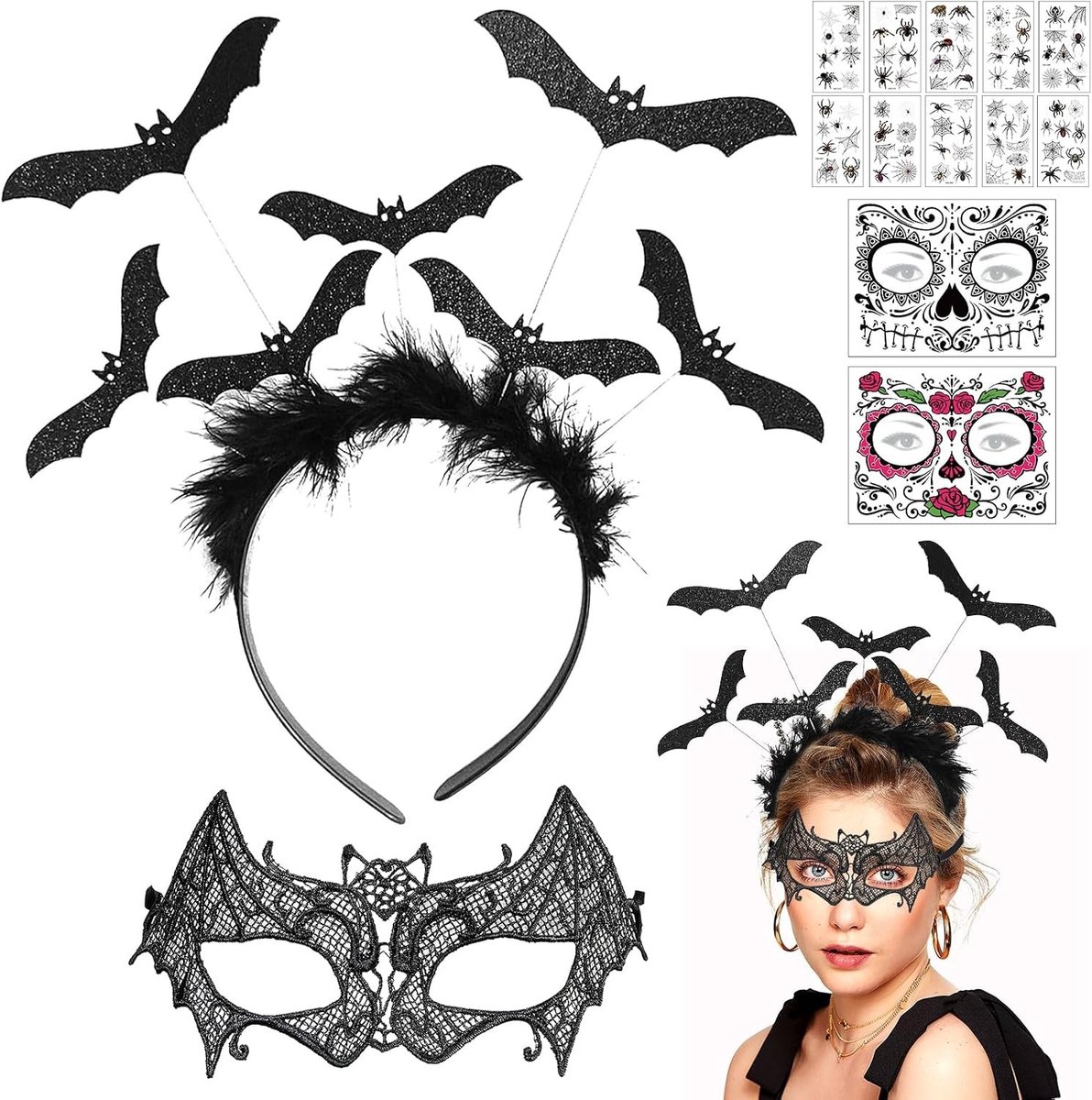 14-delige Halloween Kostuum Accessoires met Veer, Bat Hoofdband, Venetiaans Masker, Tatoeages en Vampier Haarband voor Carnaval en Feestdecoratie
