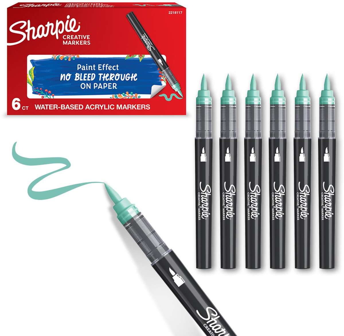 Sharpie Creative Marker Acrylverfmarkers | Brushtip | Verfmarkers op waterbasis | Inkt loopt niet door en geschikt voor de meeste oppervlakken | Meer Groen | 6 stuks
