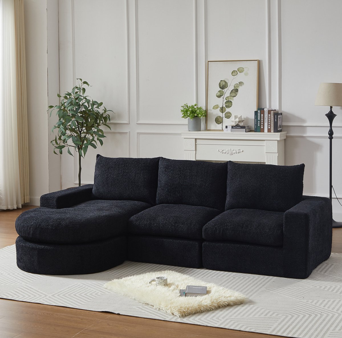 REDOM - Hoekbank - Modulaire constructie - Omkeerbare chaise longue - Drie zitplaatsen - Chenille bekleding - Zwart - 250 x 160 x 80 cm