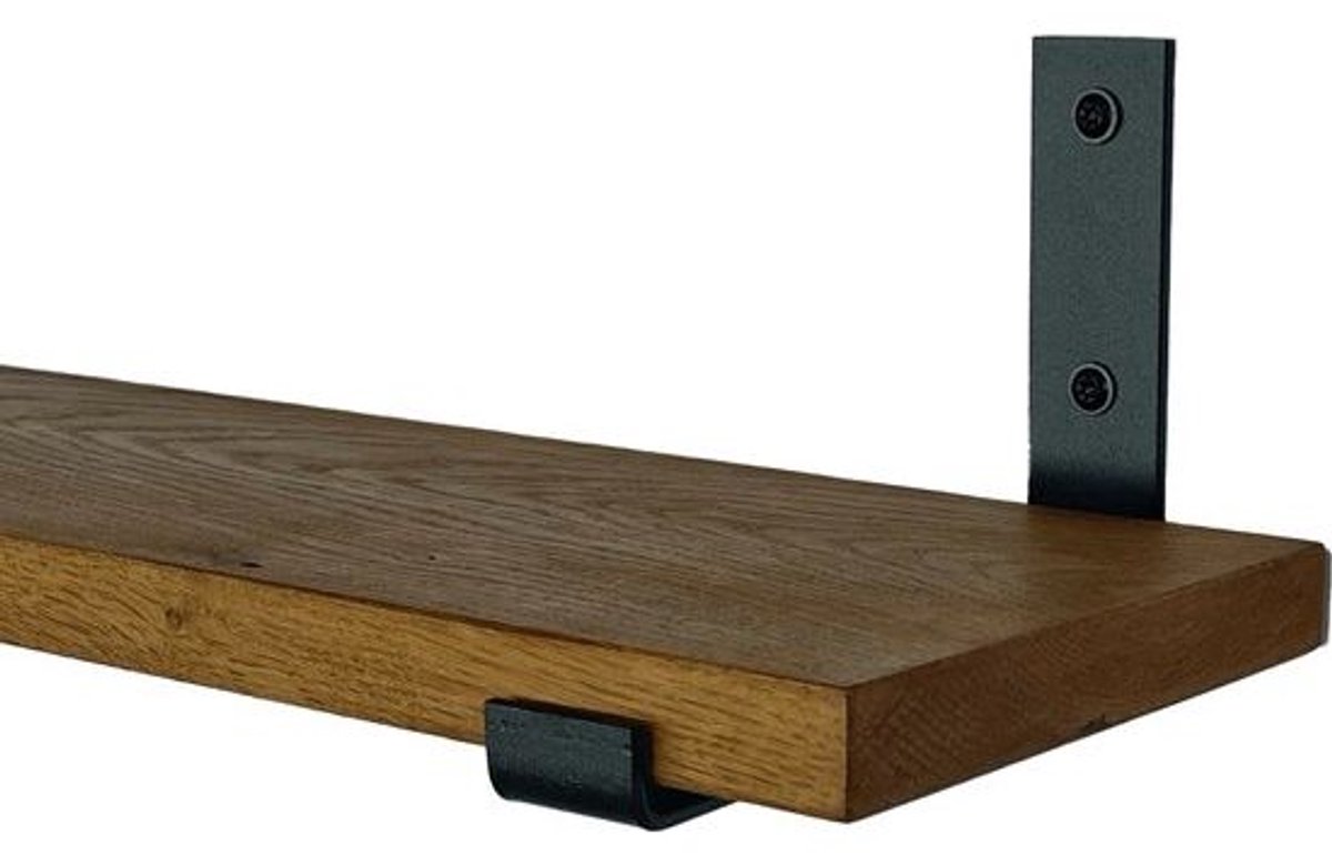 GoudmetHout Donkere Eiken Wandplank - 260x15 cm - Plankdragers L-UP Mat Zwart Donker eiken