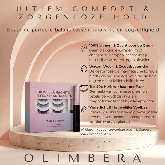 Doos met 3 paar magnetische wimpers en eyeliner op een standaard, met tekst over comfort.
