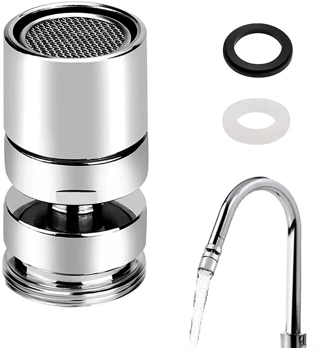 Kraan Perlator - 360° Draaibaar - Waterbesparende Zeef Straalregelaar - Voor Keuken & Badkamer Kraan - RVS - M22 Binnendraad of M24 Buitendraad - Inclusief Adapter 22mm 24mm en Afdichtringen