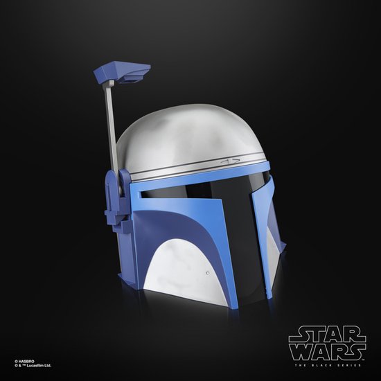 Star Wars The Black Series Jango Fett elektronische helm met zilveren koepel en blauwe details.