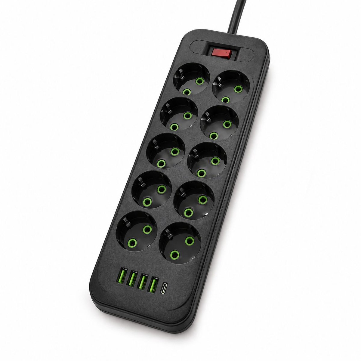 Stekkerdoos met 10 Stopcontacten / Witte Stroomverdeler met 4 USB Poorten & 1 Type-C / 2 Meter Lange Kabel / 2500W Overbelastingsbeveiliging / Smart Oplaadstation voor Thuis, Kantoor en Reizen-zwart