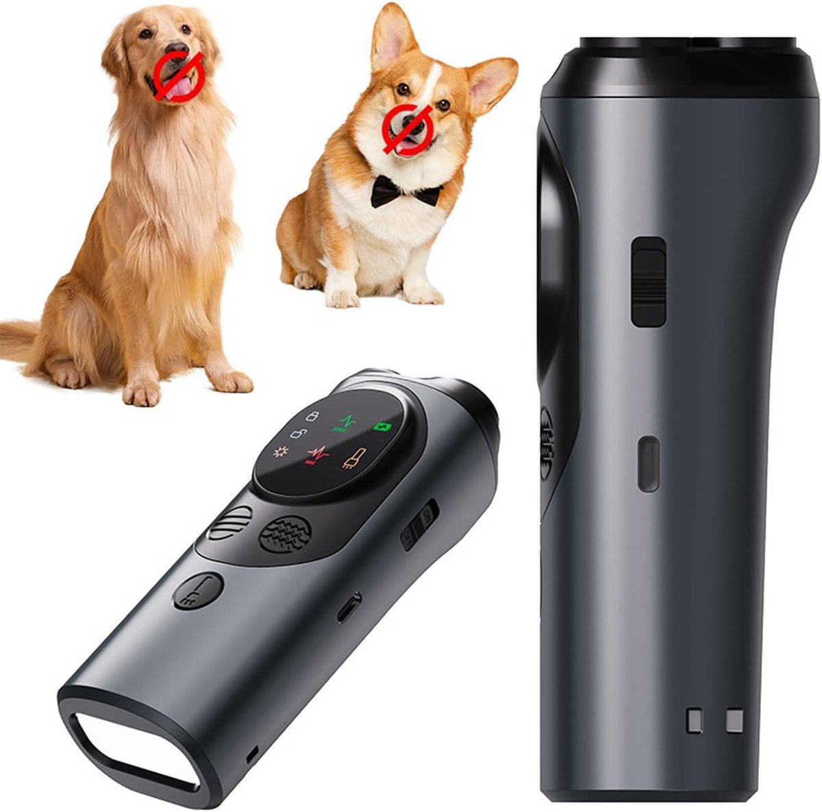 Anti blafapparaat - Zwart - 13 x 4,7 x 8,5 cm - Ultrasoon Anti-blafapparaat met LED Zaklamp - Voor Honden
