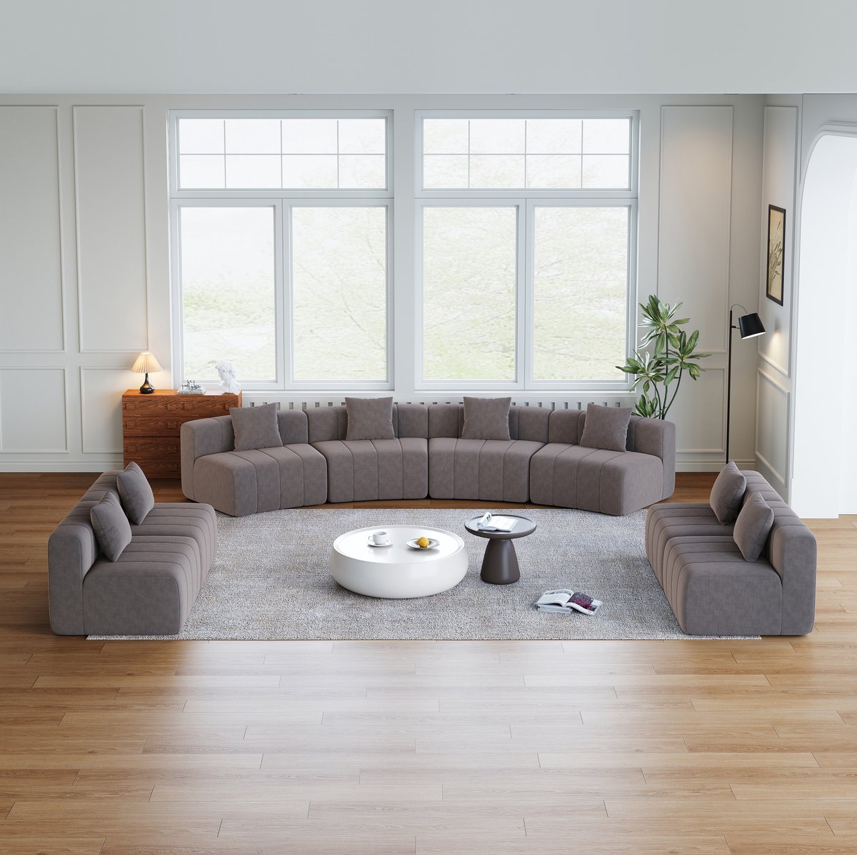 REDOM - Bankonderdeel - Modulair gebogen ontwerp - Chenille bekleding - 2 kussens - Zonder montage - Woonkamer - Grijs - 388 x 83,8 x 73,6 cm