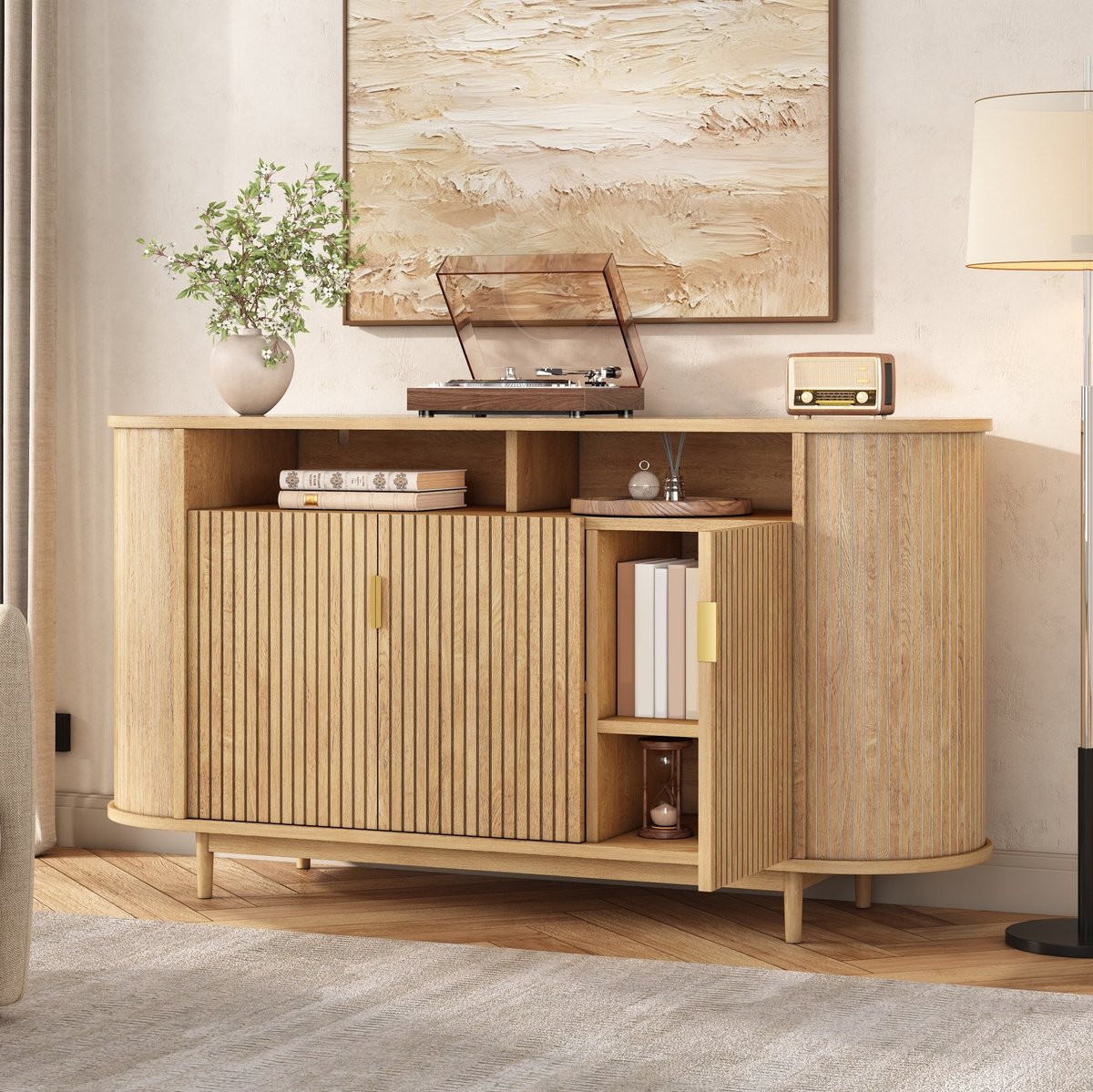 REDOM - Dressoir met 3 deuren - Verticale lijnstructuur - Gesloten opbergruimte - MDF en spaanplaat - Natuurlijk - 140 x 40 x 78 cm