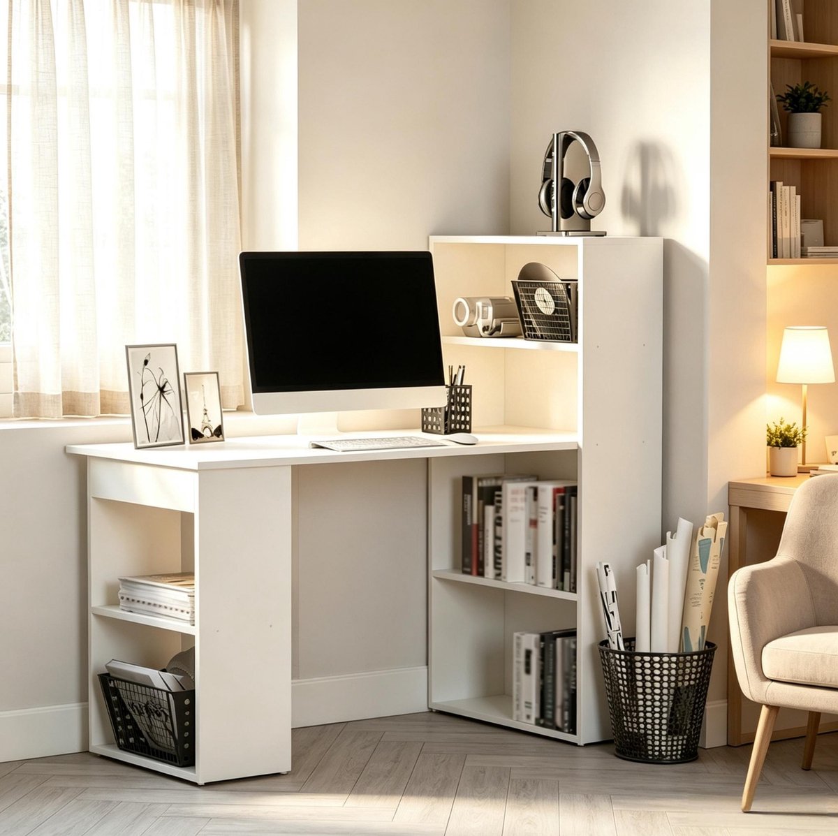 DESMIU Bureau Met Geïntegreerde Boekenplank - Modern Computerbureau Met 3 Opbergvakken En 2 Planken - Spaanplaat - 120x55x120 Cm - Wit