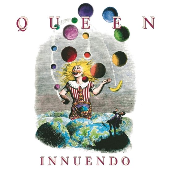 Queen Innuendo albumhoes met een nar die ballen jongleert boven een wereldbol en de tekst "Queen" en "Innuendo".
