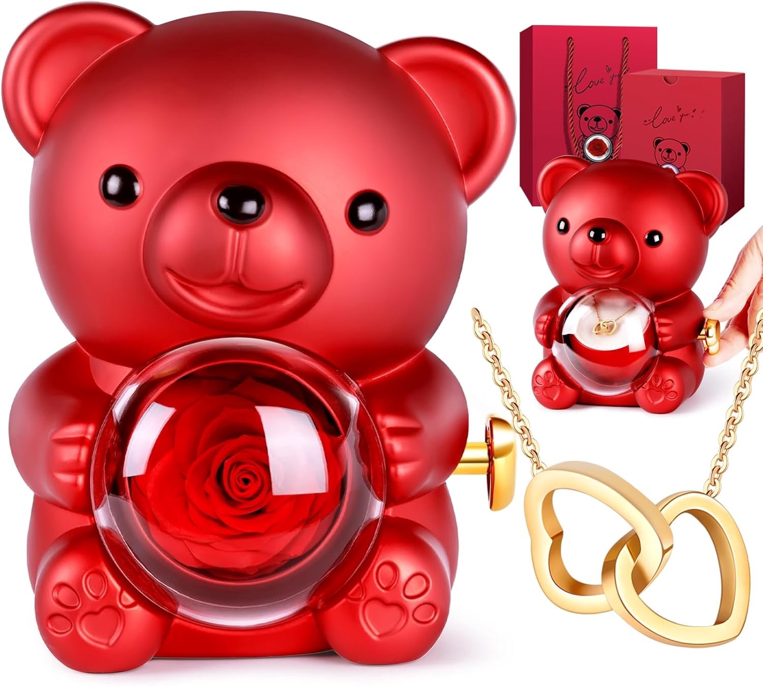 SnelShoppen - Teddybeer met Eeuwige Roos en Sieraad, Uniek Cadeau voor Vriendin of Moeder, Persoonlijk Verjaardagscadeau, Rozenbeer met Draaiende Doos
