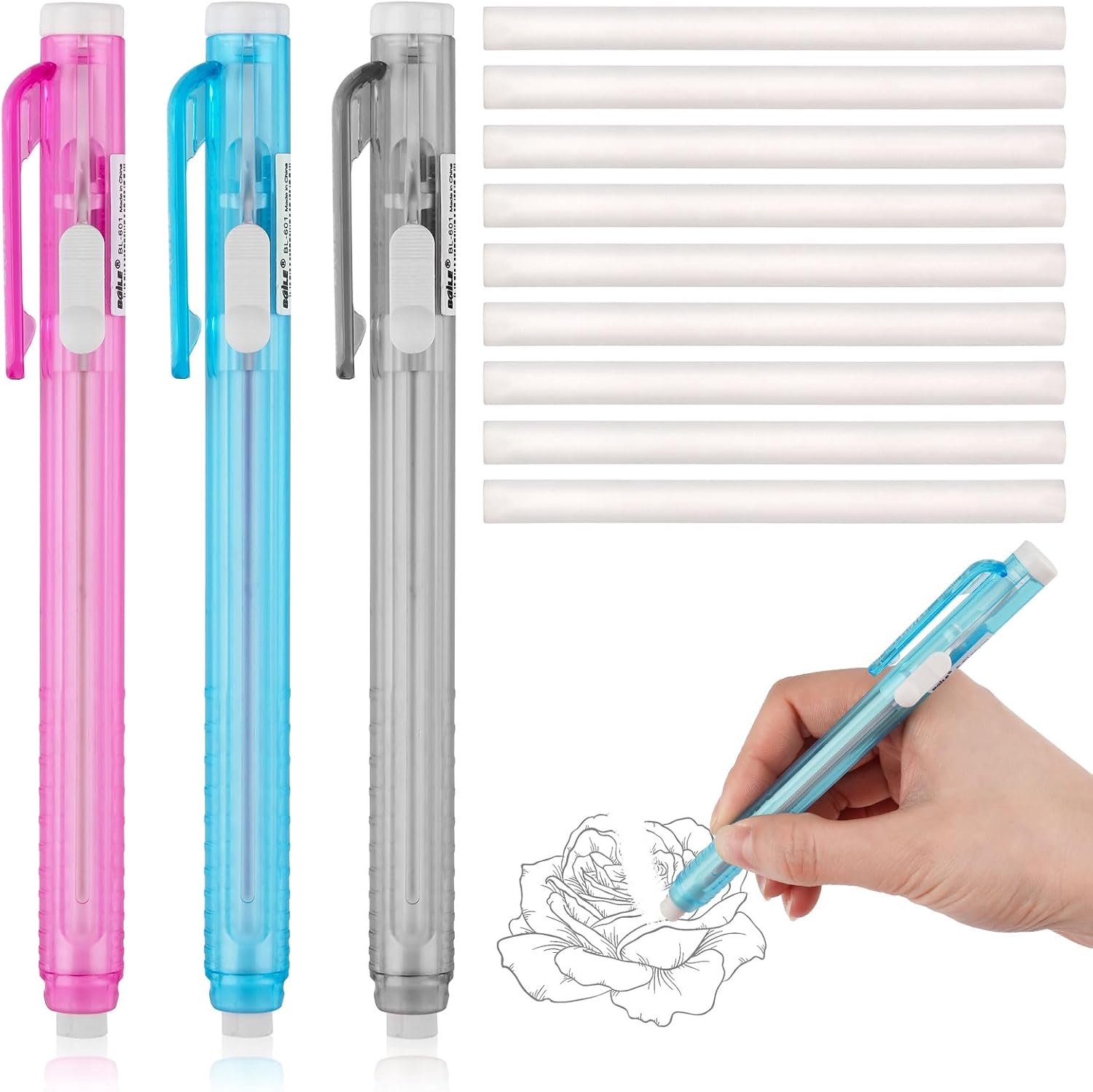 Penstijl gum, 3 intrekbare gumpennen + 9 hervulbare gummen, navulbare precisiegum voor potloden, tekenen, leren - Homevero