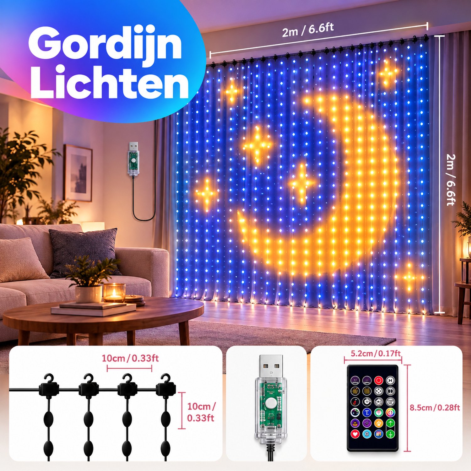 Sounix LED Lichtgordijn - Sfeerverlichting met Afstandsbediening - 2 meter - RGB - 400 LED lichten - LED Kerstverlichting Lichtgordijn – foto 5