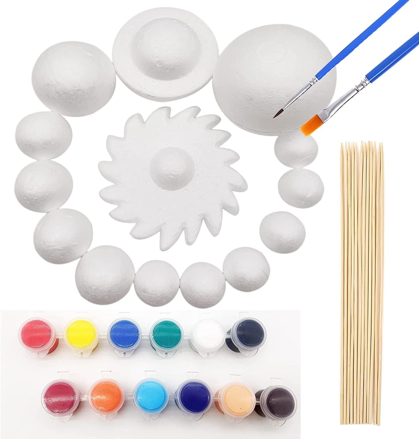 Solar System Model Kit for Children with 14 Foam Balls, 12 Bamboo Sticks, 12 Colour Pigments, 2 Painting Brushes for - ShopVlot