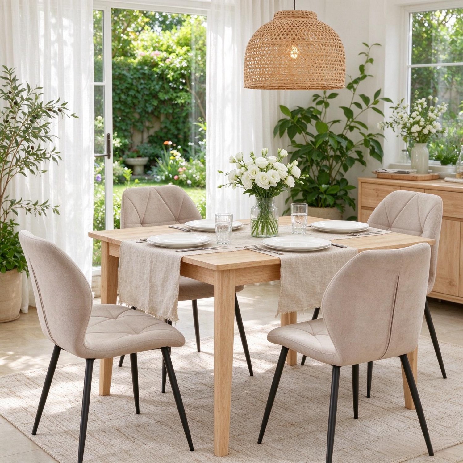 SONNENH Eetkamerstoelen set van 4 met gestikte stoffen bekleding en metalen poten - Beige