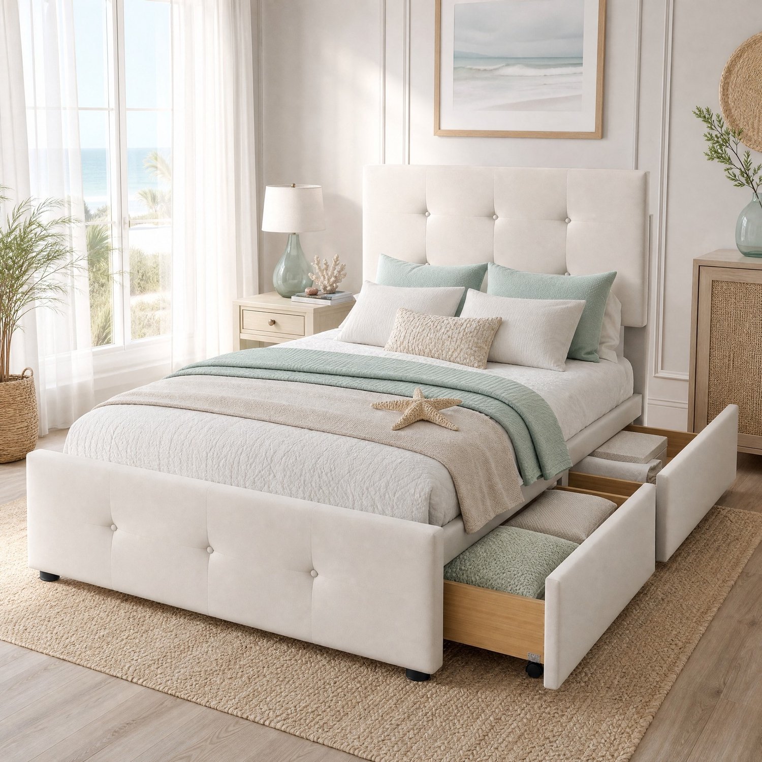 Maisentiel Gestoffeerd eenpersoonsbed 90 x 200 cm met lattenbodem en opberglade - beige