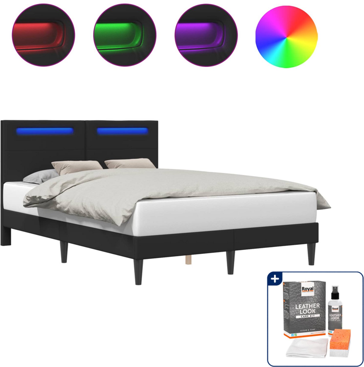 vidaXL bedframe met led - 120 x 190 cm - kunstleer - zwart - Inclusief onderhoudsset voor kunstleer 150 ml