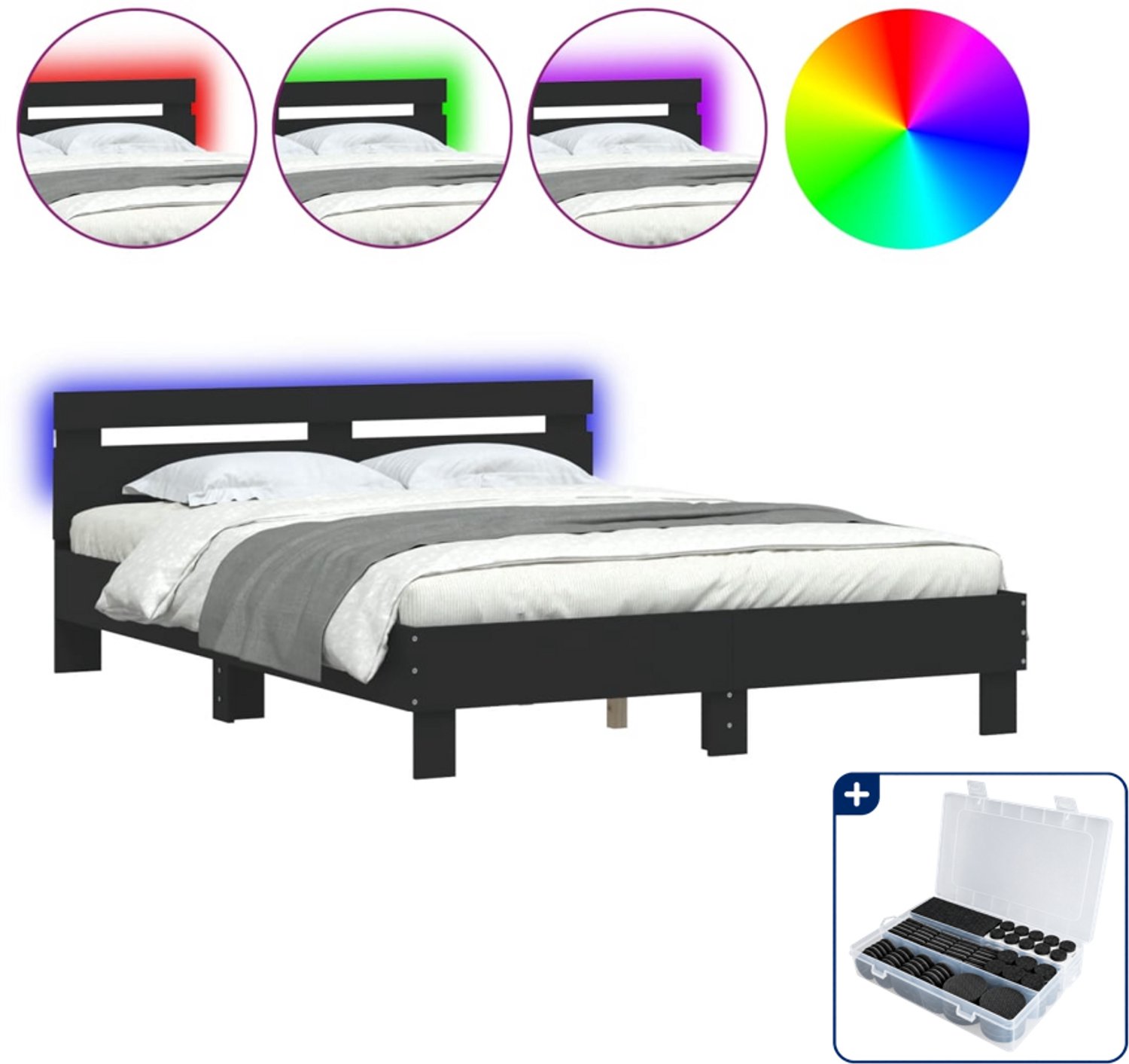 vidaXL Bedframe met LED - 150 x 200 cm - zwart - Inclusief antikrasvilt 177-delig