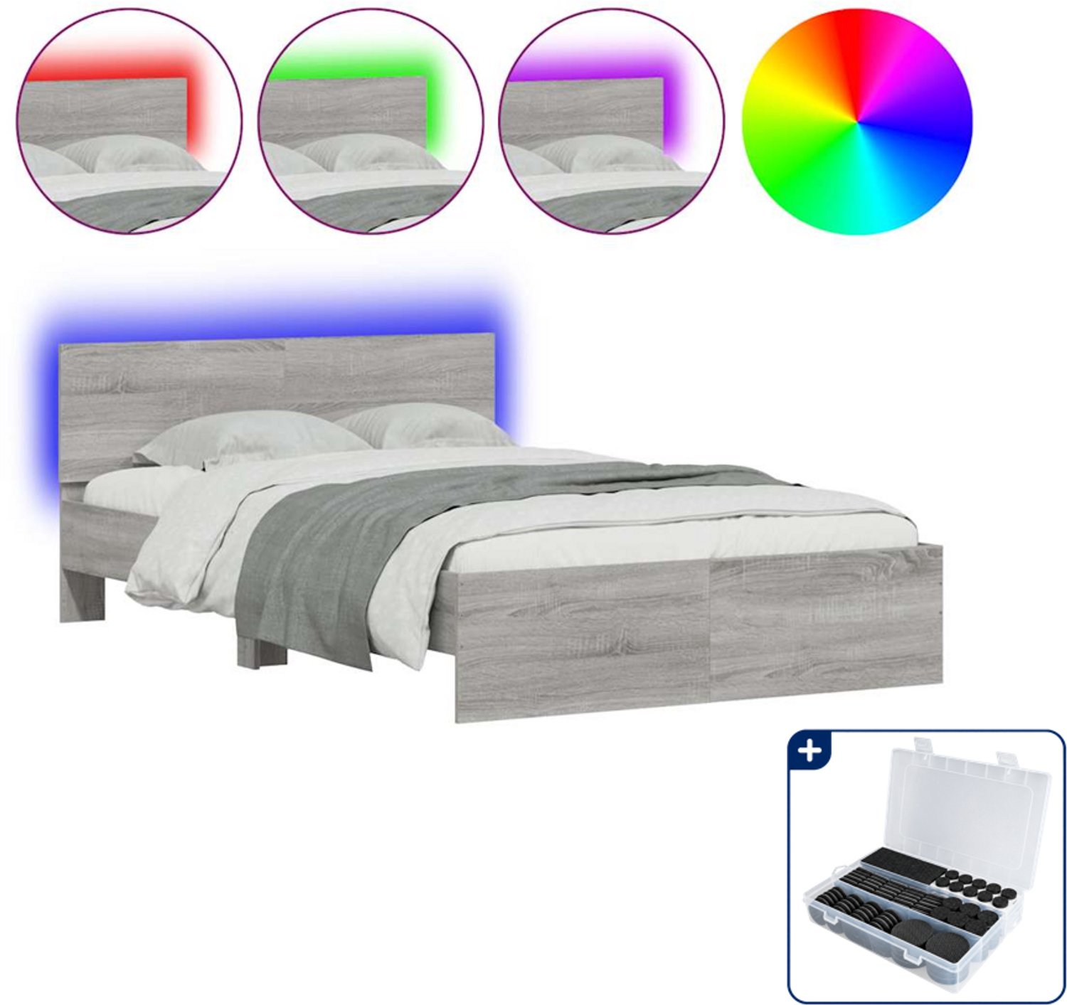 vidaXL bedframe met led - 120 x 190 cm - grijs sonoma eiken - Inclusief antikrasvilt 177-delig Wit