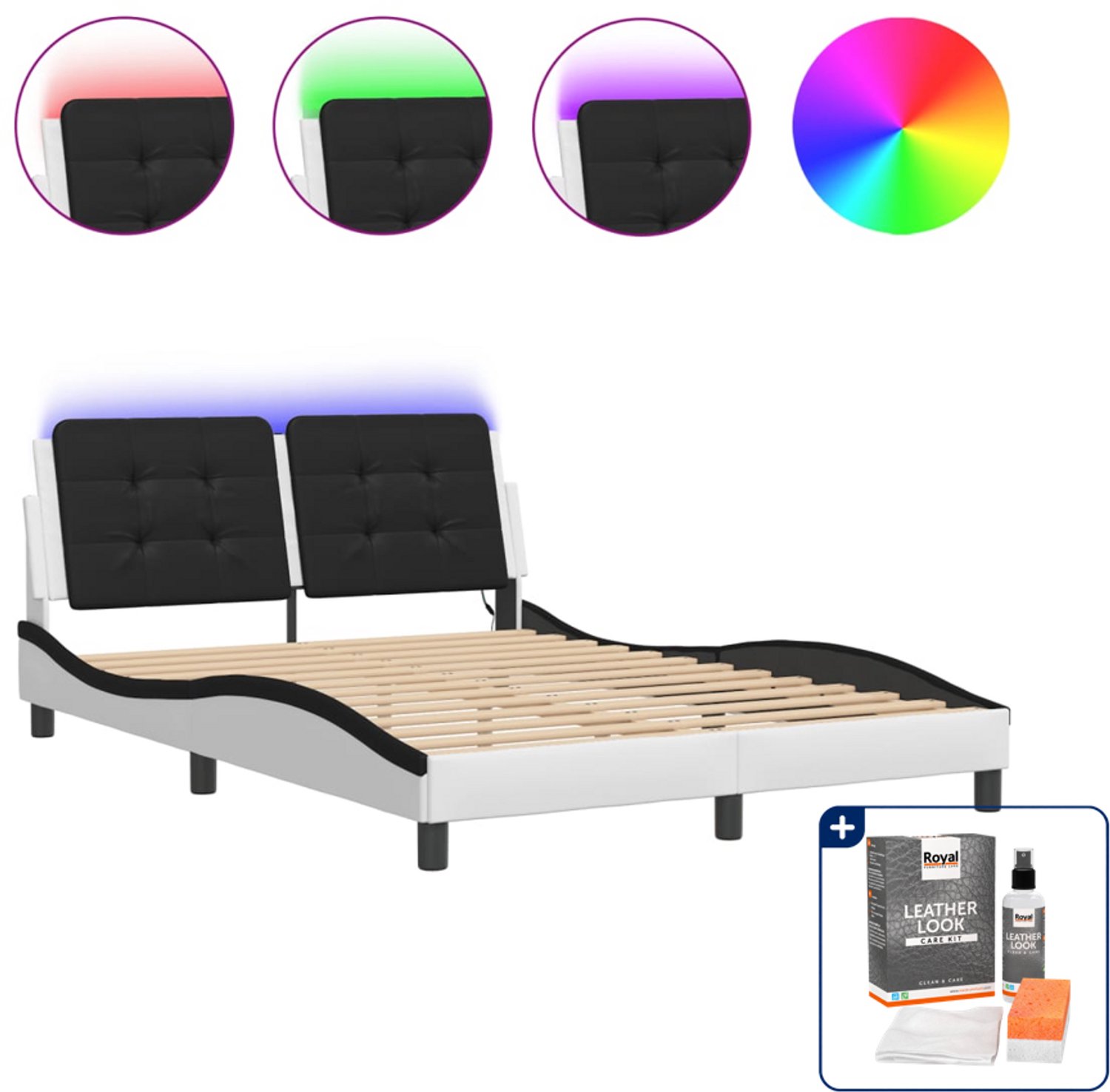 vidaXL Zadar bedframe met LED - 140 x 190 cm - wit en zwart - Inclusief onderhoudsset voor kunstleer 150 ml