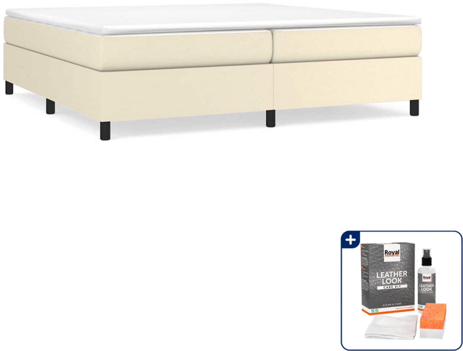 vidaXL Boxspring met matras - Super kingsize - 200 x 200 cm - Crème - Inclusief onderhoudsset voor kunstleer 150 ml Bruin