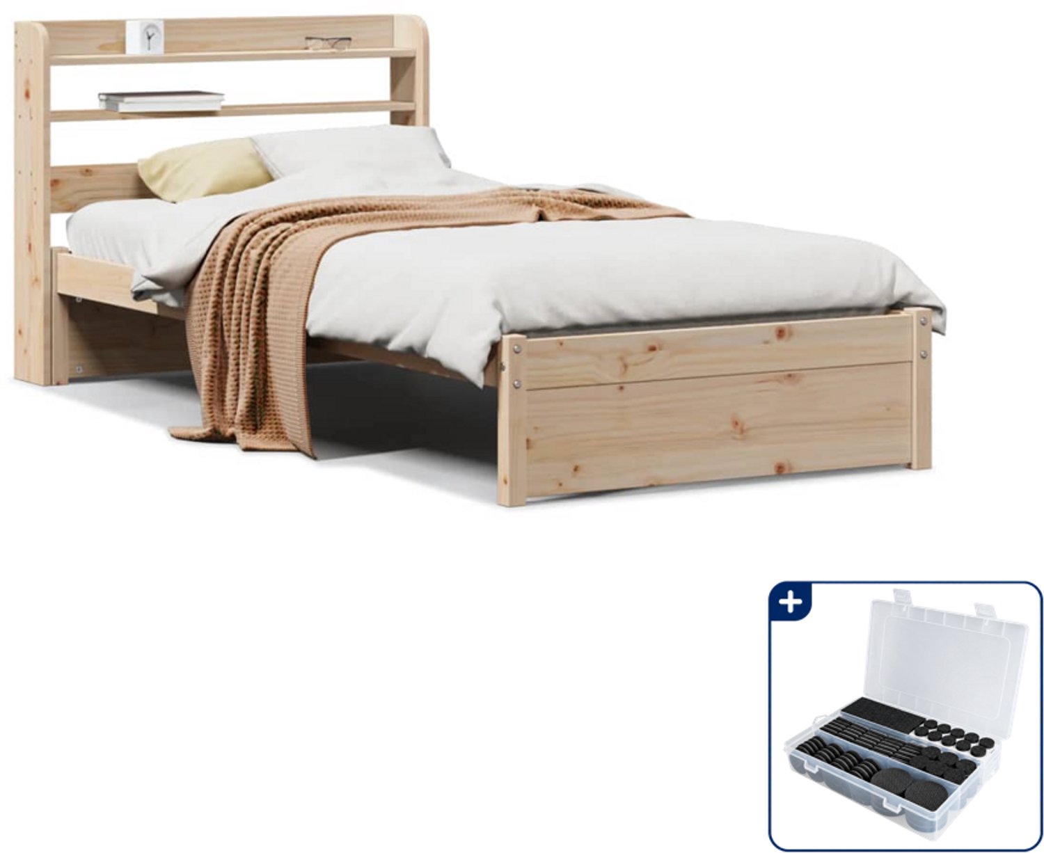 vidaXL bedframe met hoofdbord - 75 x 190 cm - massief grenenhout - Inclusief antikrasvilt 177-delig Bruin