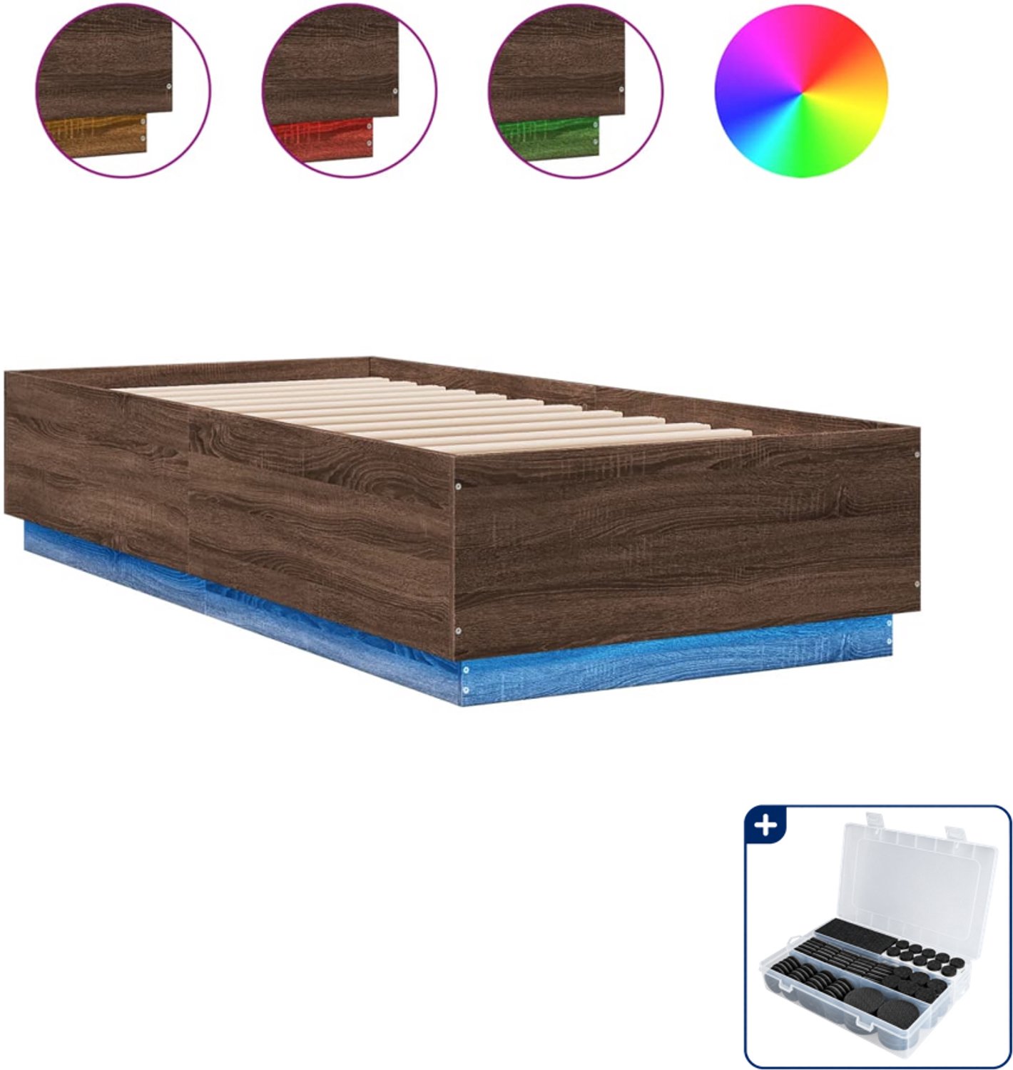 vidaXL Bedframe - 90 x 200 cm - bewerkt hout - bruineiken - Inclusief antikrasvilt 177-delig Zwart
