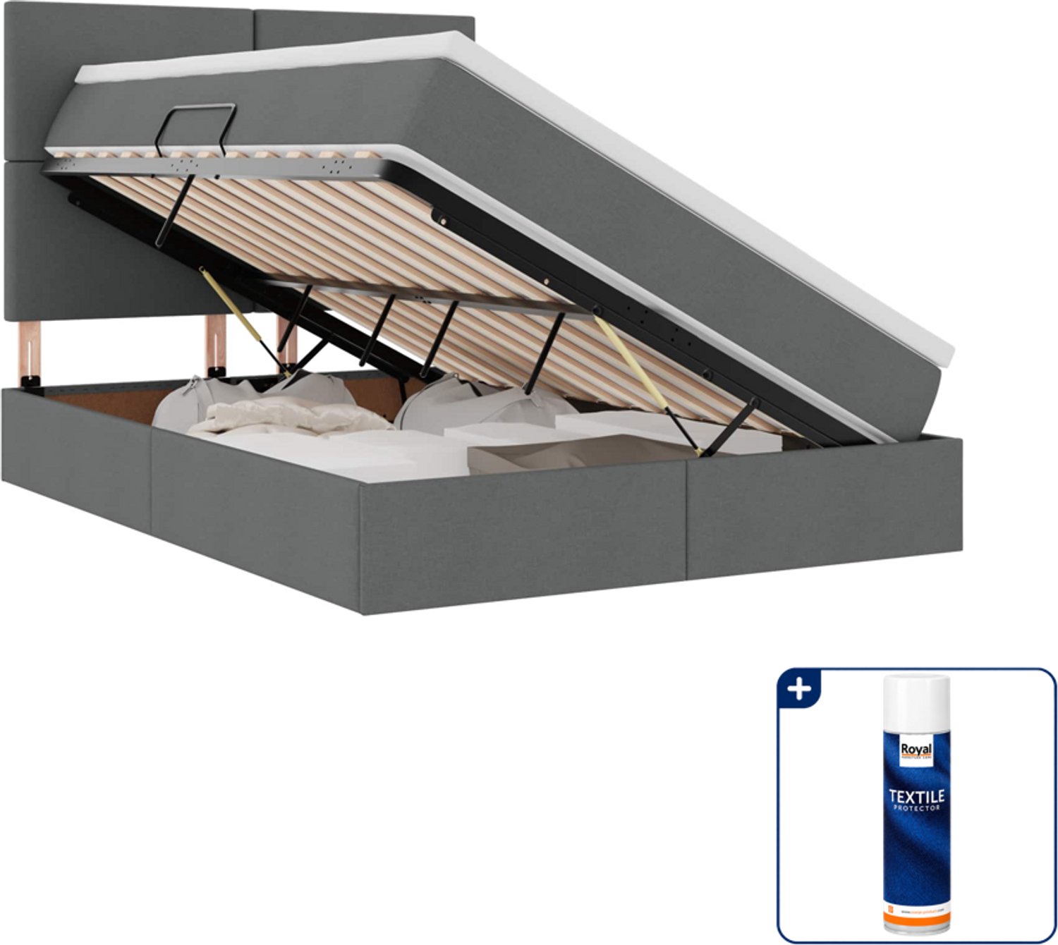 vidaXL opbergbed met matras - 140 x 190 cm - donkergrijs - Inclusief textielbeschermer 500 ml Lichtgrijs