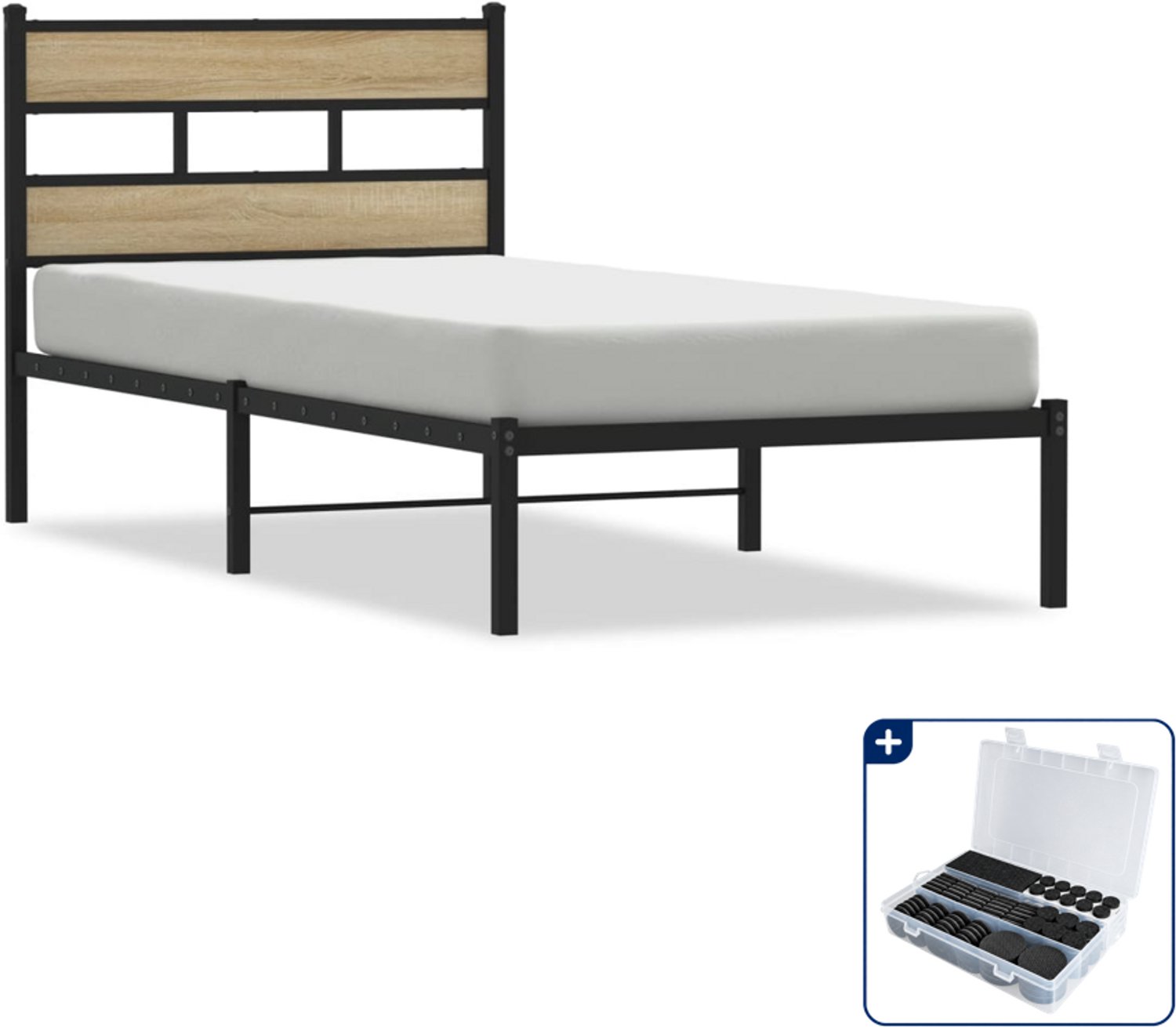 vidaXL bedframe - 100 x 190 cm - zwart en sonoma eiken - Inclusief antikrasvilt 177-delig Bruin