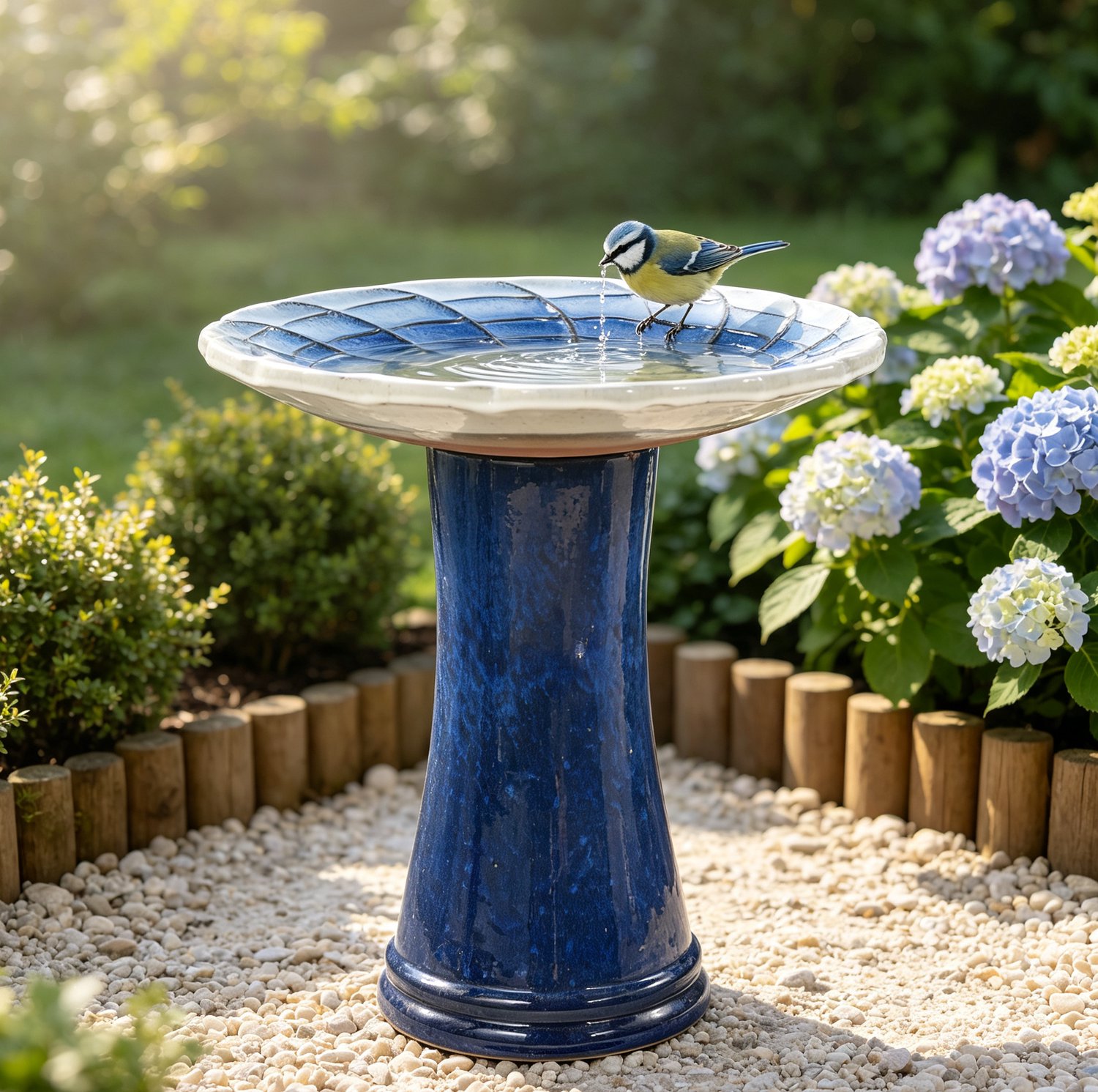 Wishdor Keramieken vogelbad op voet - Brede ondiepe schaal voor tuinvogels - Vorstbestendig en weerbestendig - Radiaal schubreliëf - Tuin terras balkon - Koningsblauw en wit - Ø 43 cm x H 45 cm