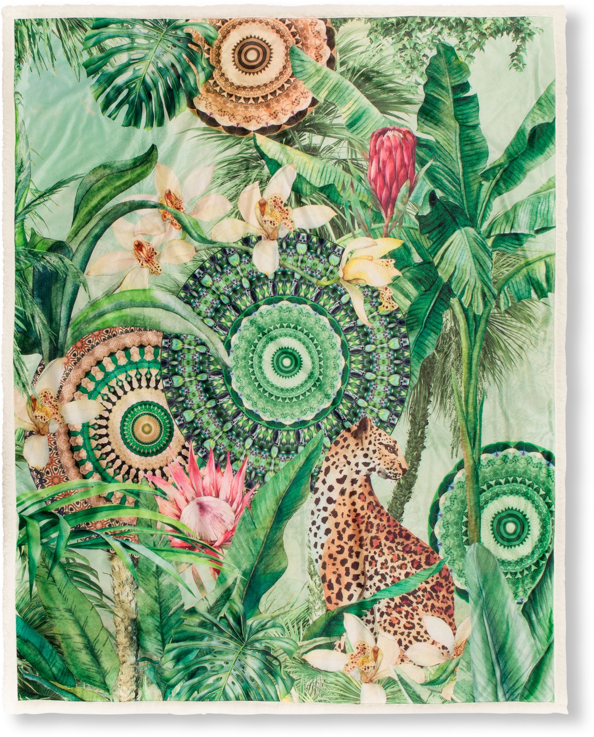 Hip plaid tropische print en mandalas - 130x160 cm - Groen - 100% Polyester velours Green