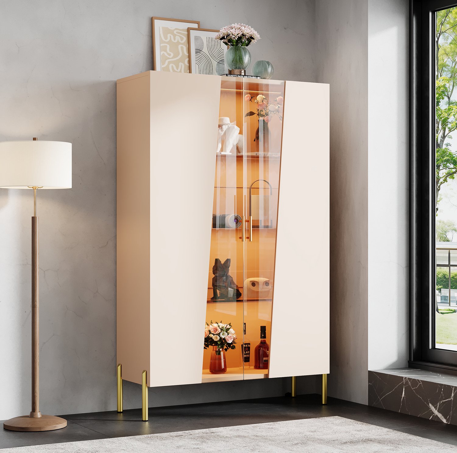 HAUSS SPOLE Vitrinekast - Asymmetrische Glazen Deur Met Ledverlichting - Voor Woonkamer En Eetkamer - Mdf En Glas - 72x40x145 Cm - Beige