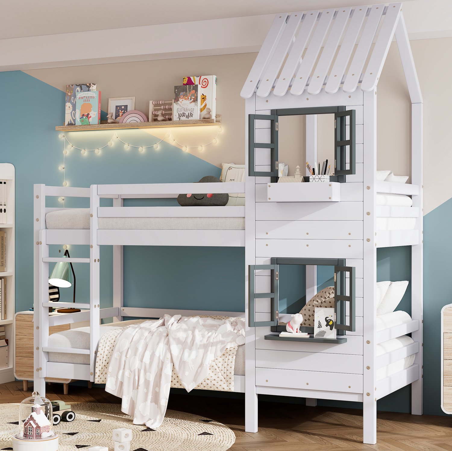 Maisentiel Kinderstapelbed in huisvorm met ramen en trapleuning - hout en MDF - wit/grijs - 90 x 200 cm