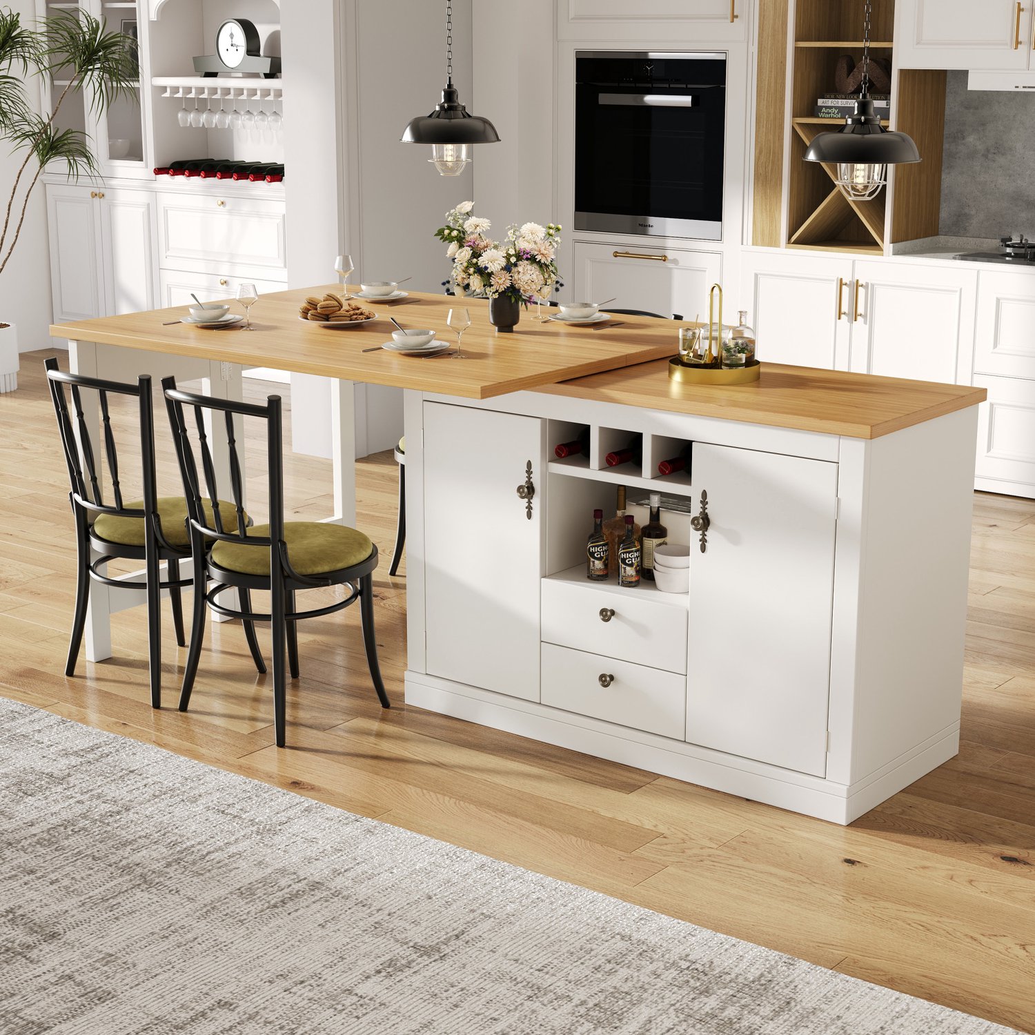 Maisentiel Uitschuifbare bartafel met opbergruimte – 120-180 x 40 x 76 cm – wit en houtkleur