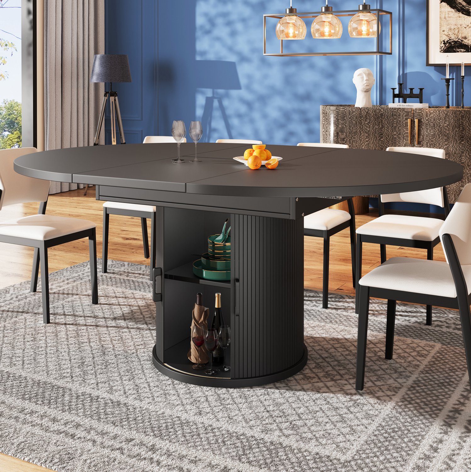 Maisentiel Uitschuifbare eettafel met opbergruimte - rond tot ovaal - 118-158 cm - zwart