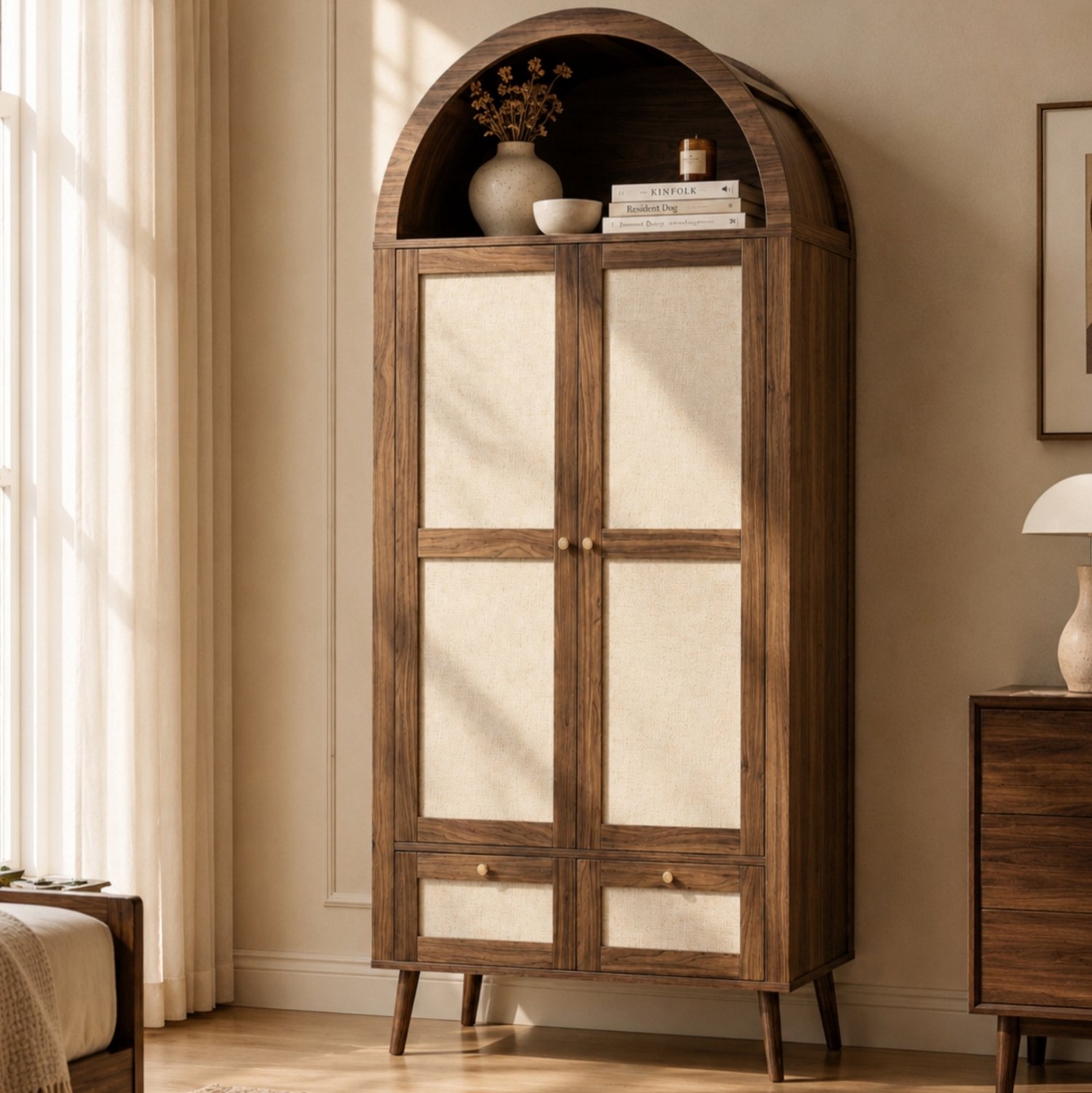 REDOM Kledingkast 80x55x180 cm - 2 deuren, 2 lades en kledingroede - Open boogvak - Walnootkleur/beige Walnootkleurig en beige