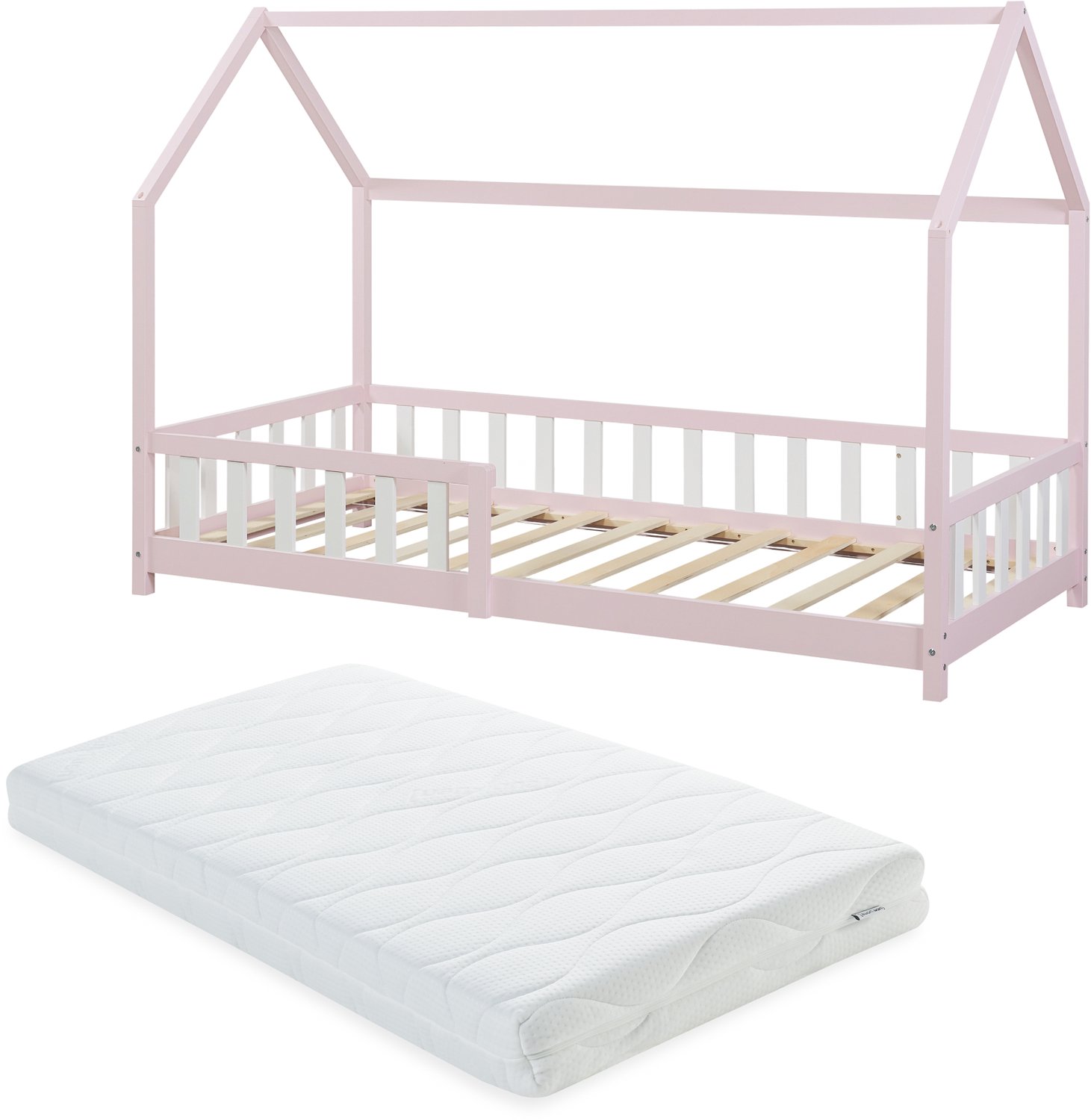 en.casa Montessori bed Hesel met valbeveiliging en matras 90x200 cm roze [en.casa]
