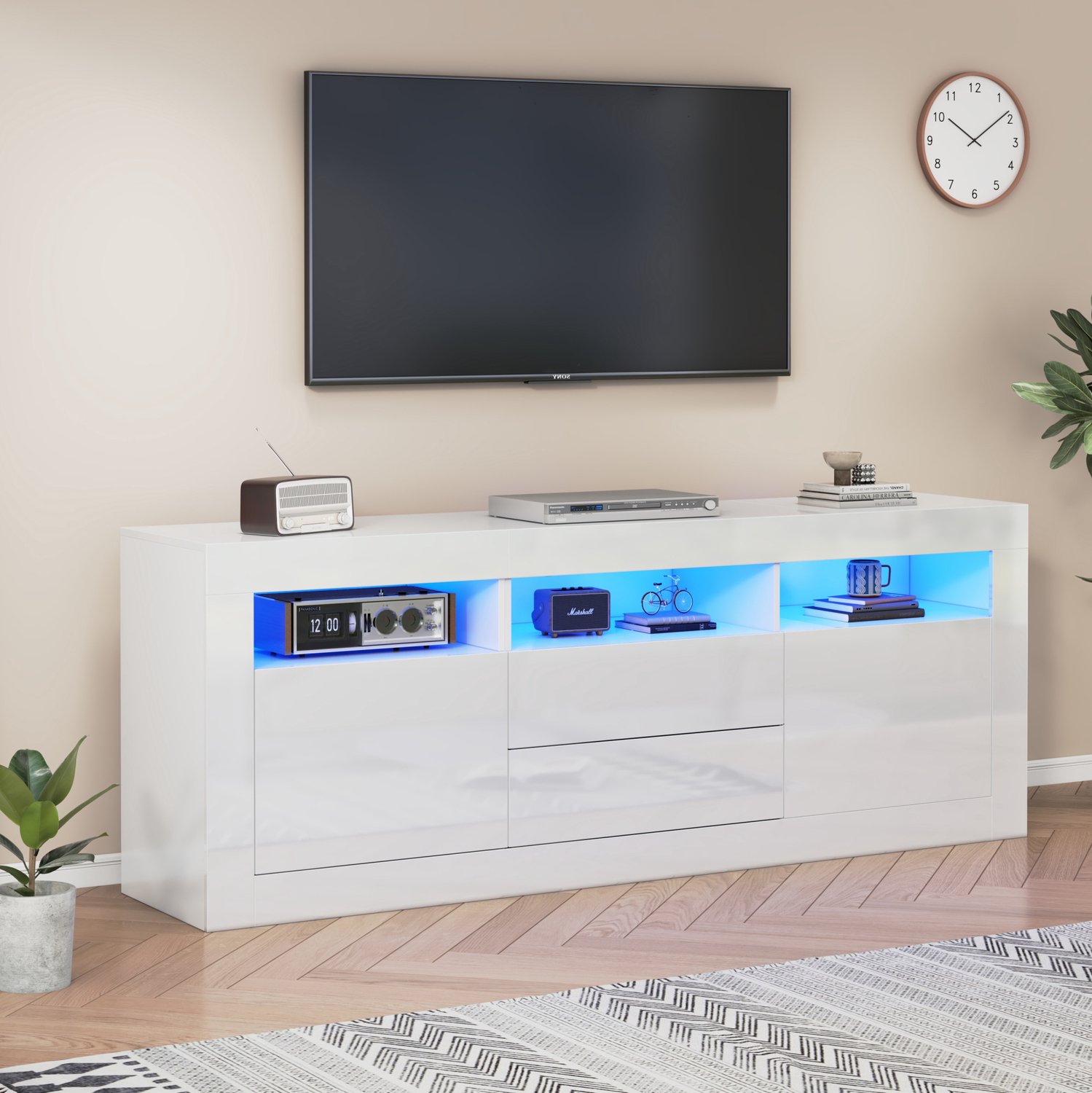 Maisentiel Wit tv-meubel 160 x 35 x 60 cm met ledverlichting, 2 deuren en 2 lades