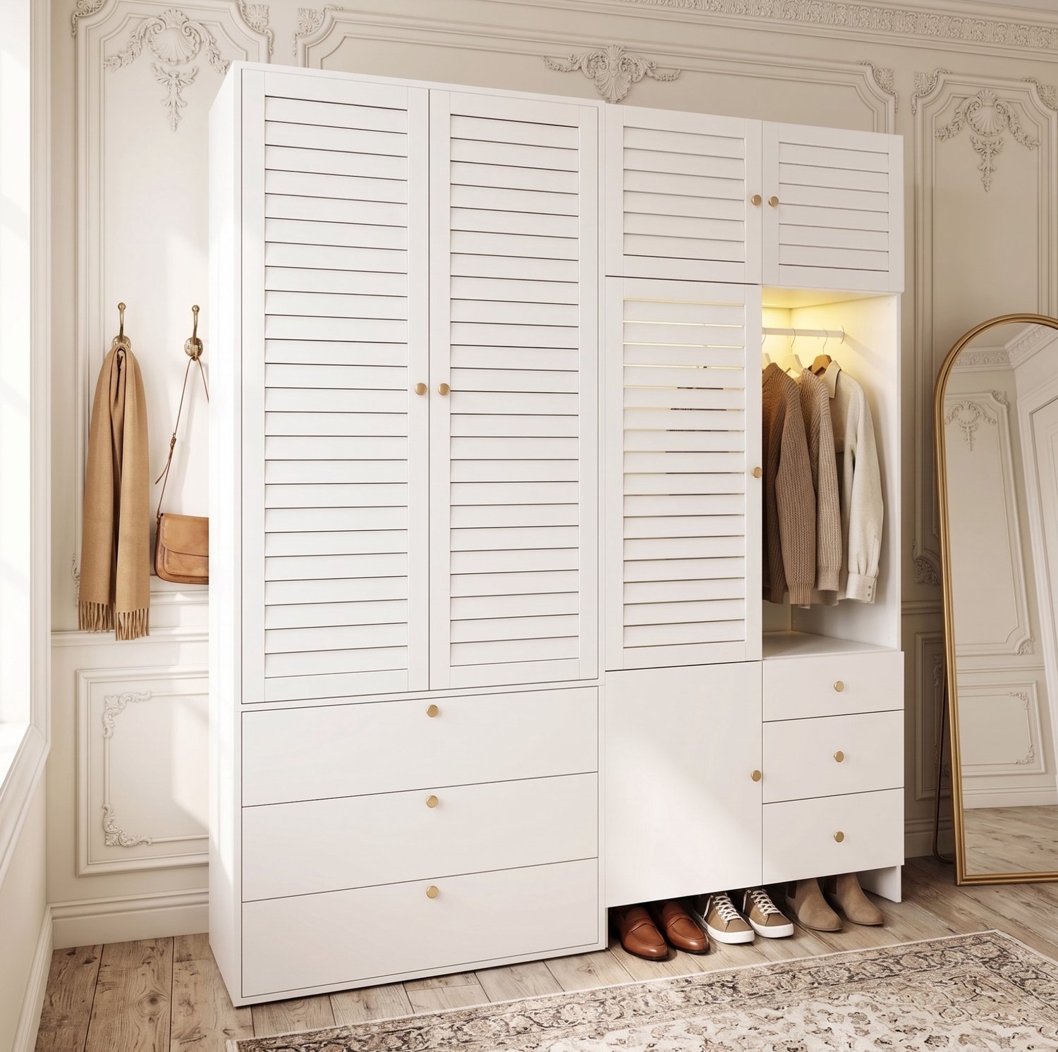 HAUSS SPOLE Kledingkast - 6 Laden, 2 Kledingstangen en Uitneembare Wasmand - met Ledverlichting voor de Slaapkamer - Spaanplaat - Wit - 180x50x200 cm