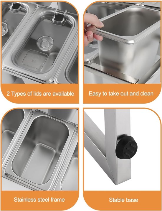 8 Pans Pizza Topping Station - Verstelbare Pizza Opslagcontainer met Deksel voor Sauzen, Jam en Fruit - Perfect voor Restaurants en Buffetten — afbeelding 2