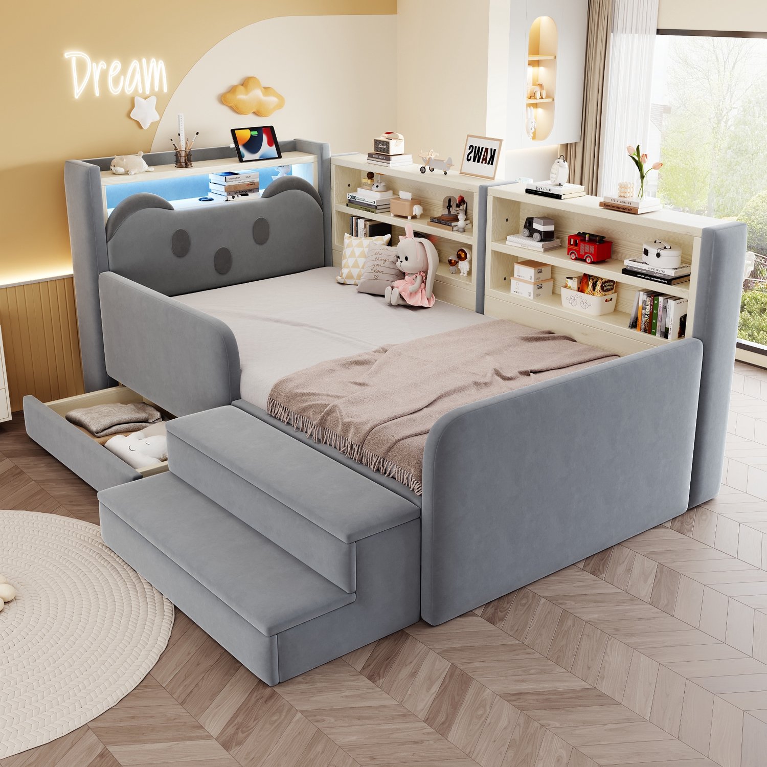 PHOEBE CAT Kinderbed - 90 × 200 cm - Gestoffeerd hoofdeinde - Opbergruimte - Met lade - LED-verlichting - Oplaadpoort - Velvet - Grijs