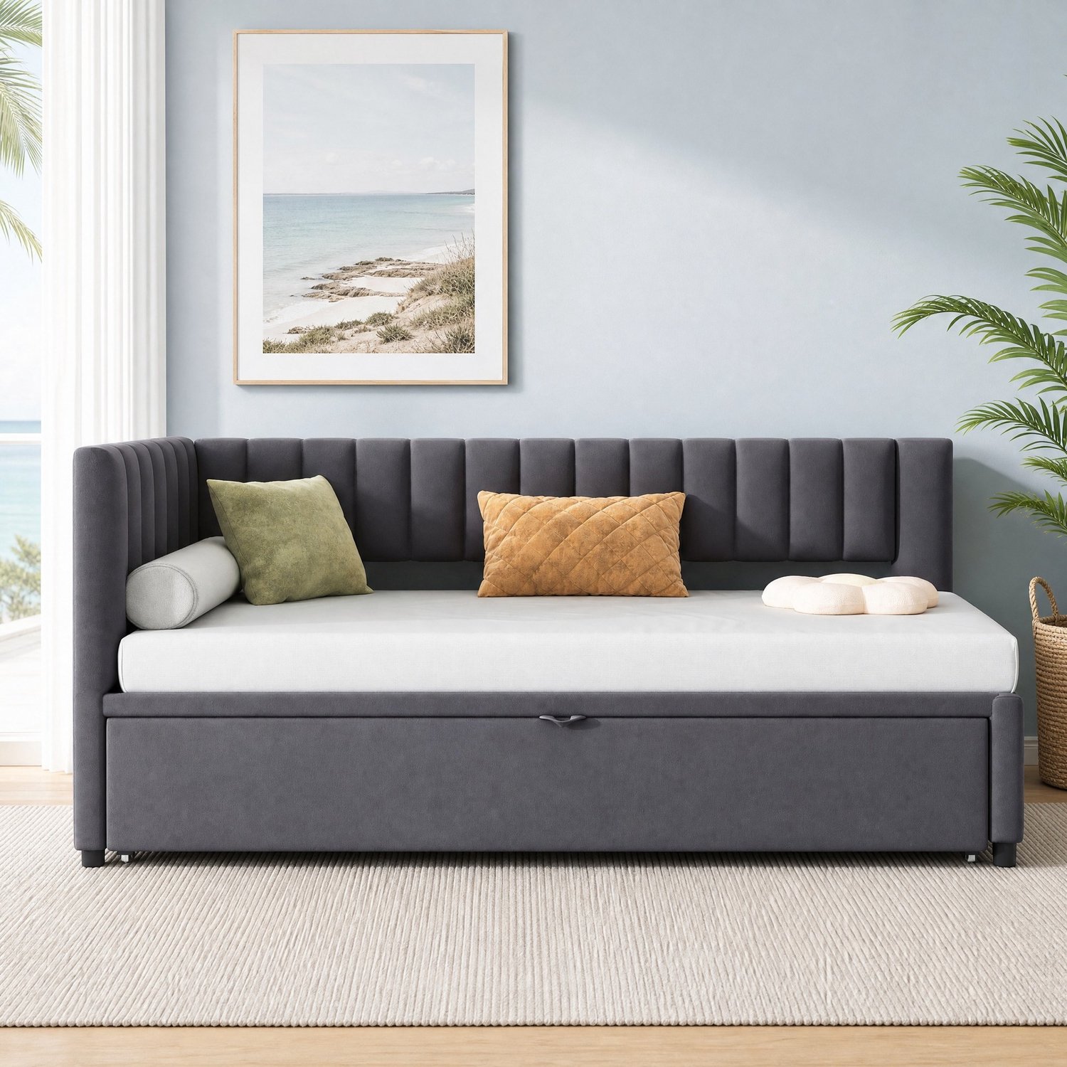 Maisentiel Grijze slaapbank met uitschuifbed - 90 x 200 cm - fluwelen bekleding Donkergrijs