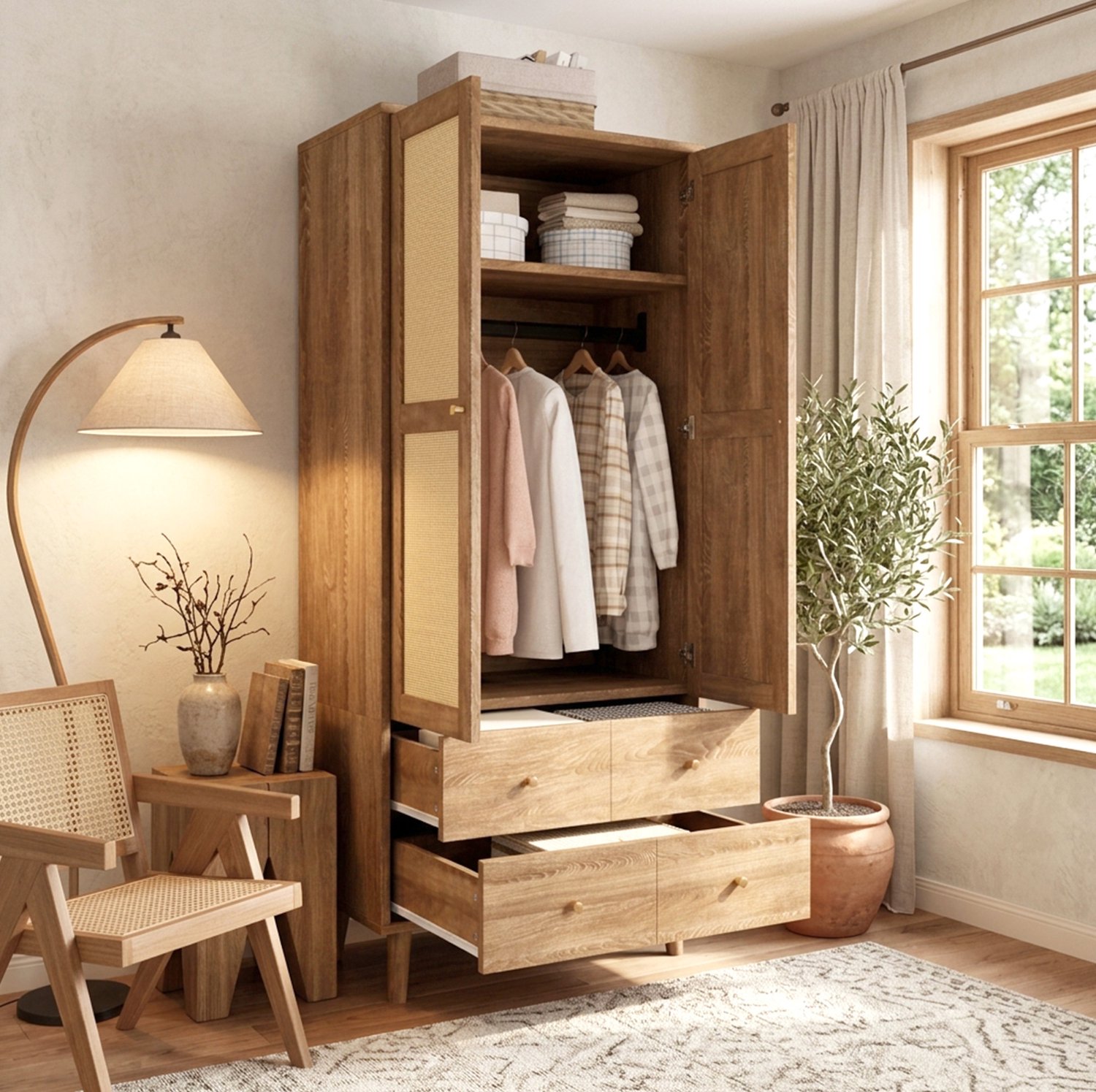 HAUSS SPOLE Kledingkast - Donkere Walnootlook Met Rotanlook - Kledingroede, Legplanken En 2 Laden - Voor Slaapkamer - MDF - 80x50x180 Cm Donkerbruin met natuurlijke houtlook